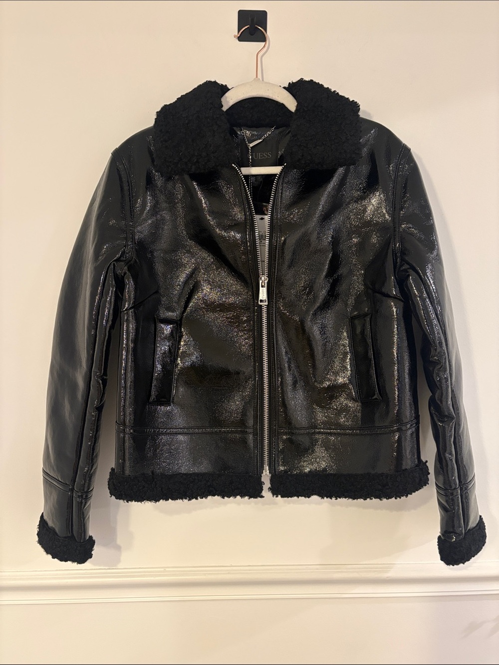 Guess Girls Black Faux Leather Sherpa-Trim Puffer Jacket
